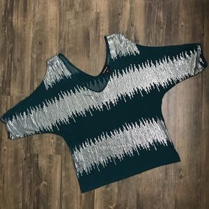 Bebe cold shoulder teal & silver sequin blouse, M